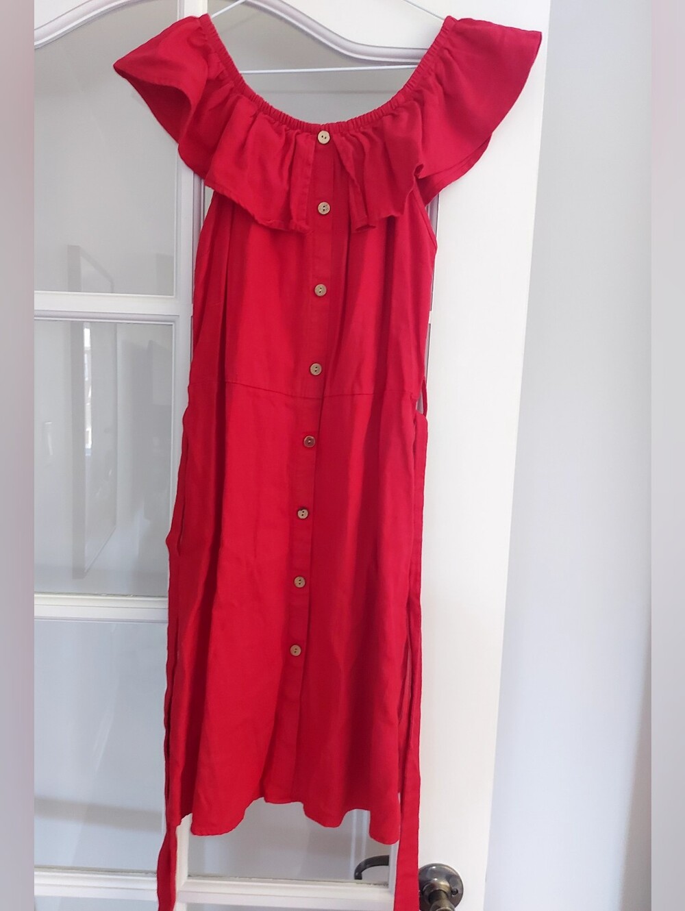 Potter's Pot Red Off-Shoulder Button-Front Midi Dress